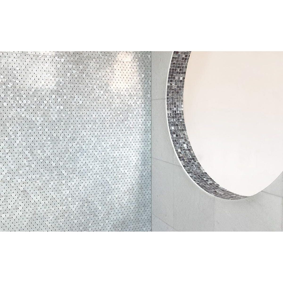 Feature Panel Pearl Drop pearlescent shell mosaic panel bordering a circular mirror