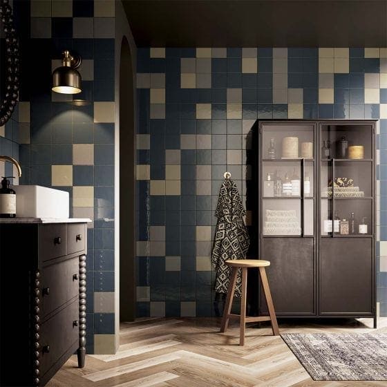 Dark blue and beige flash cobalt gloss ceramic wall tiles 130x130mm with modern geometric square pattern