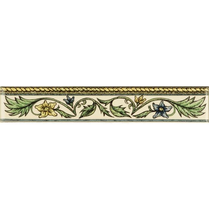 Cream-colored ceramic floral rope classical decorative border tile with green yellow blue patterns on brilliant white