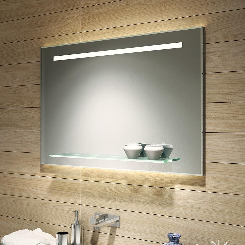 Fusion light mirror 100 with shelf is a modern rectangular bathroom mirror with integrated led lighting and glass shelf below