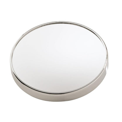Silver-framed circular compact Gedy magnifying suction mirror with polished chrome metallic finish and sleek design