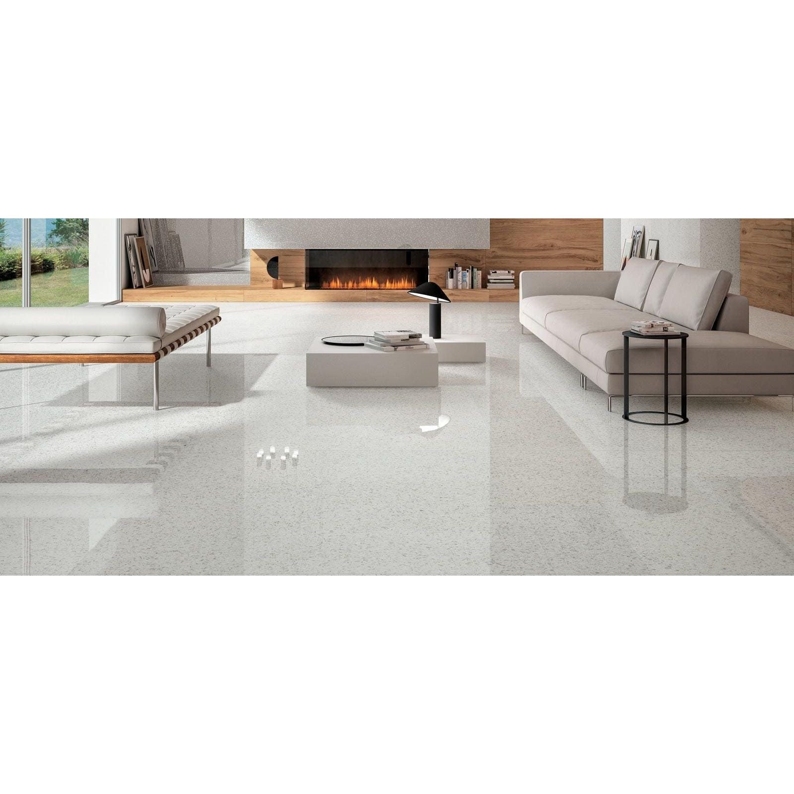 Shiny white marble floor tiles with subtle gray veining in gemstone terrazzo white matt 60 x 60cm design