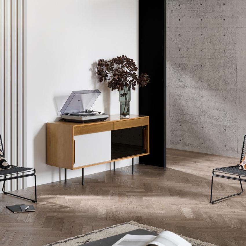 Modern wooden goodrich biscotti oak sideboard with white and black sliding doors and sleek metal legs