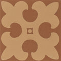 Gordon buff on red terracotta ceramic tile with beige and brown symmetrical quatrefoil pattern