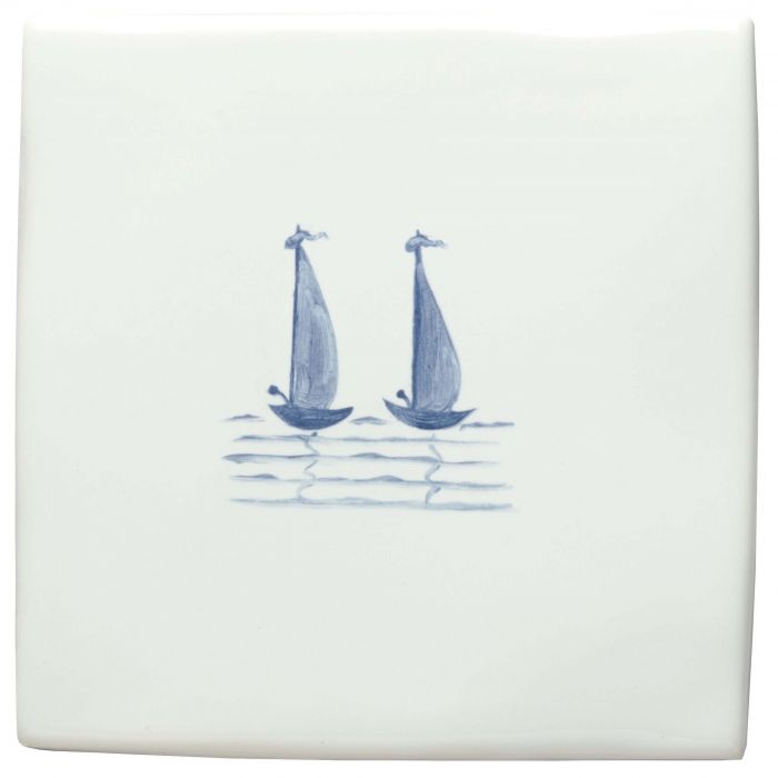 White ceramic coaster with delicate blue hand-painted sailboats from Grace & Ann of Liverpool Delft Boats collection
