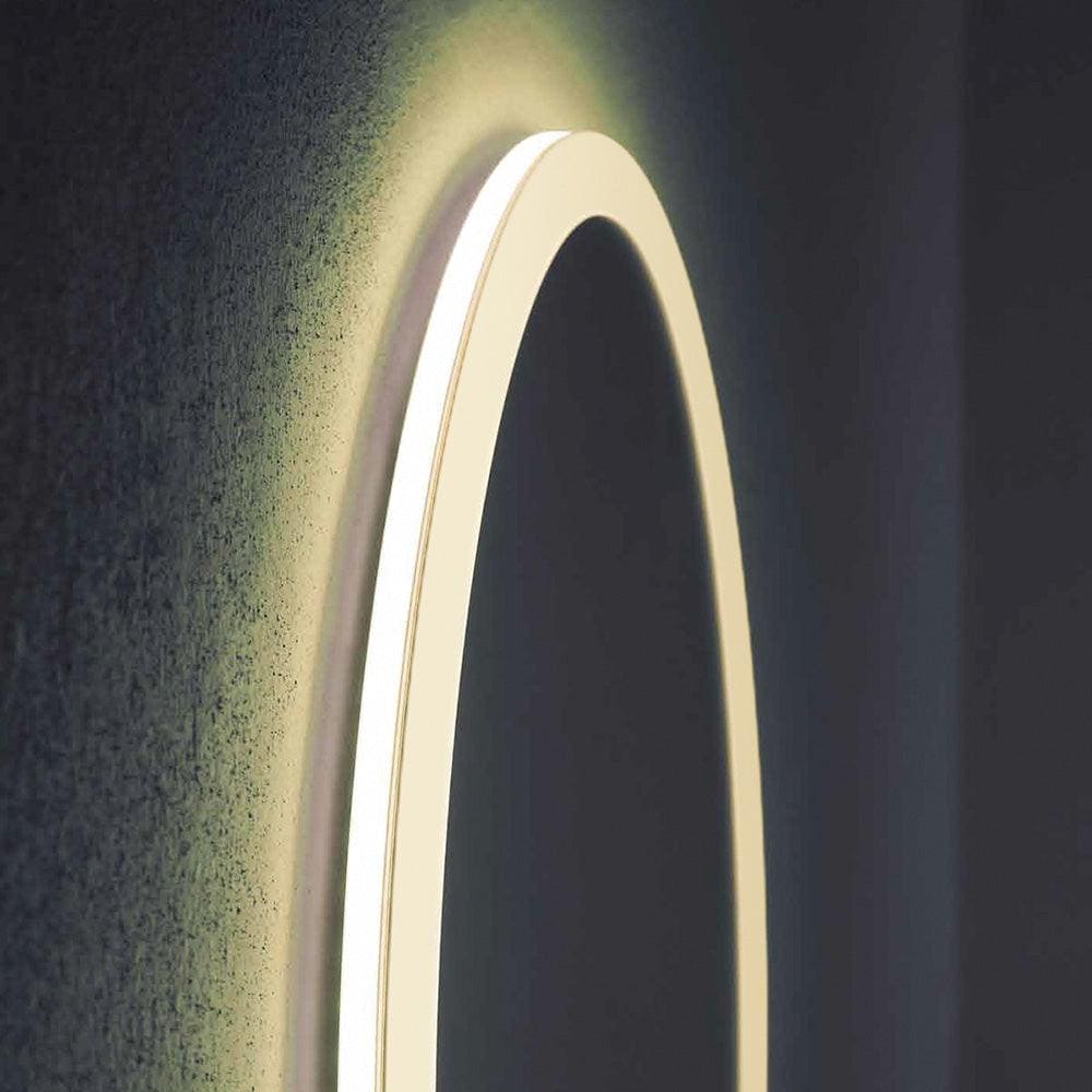 A sleek oval grand central mirror 60x100cm with a modern white frame and integrated warm led lighting along the edge