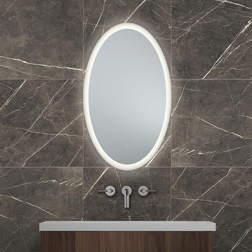 Elegant oval-shaped led bathroom mirror grand central mirror with sleek white frame and soft ambient lighting