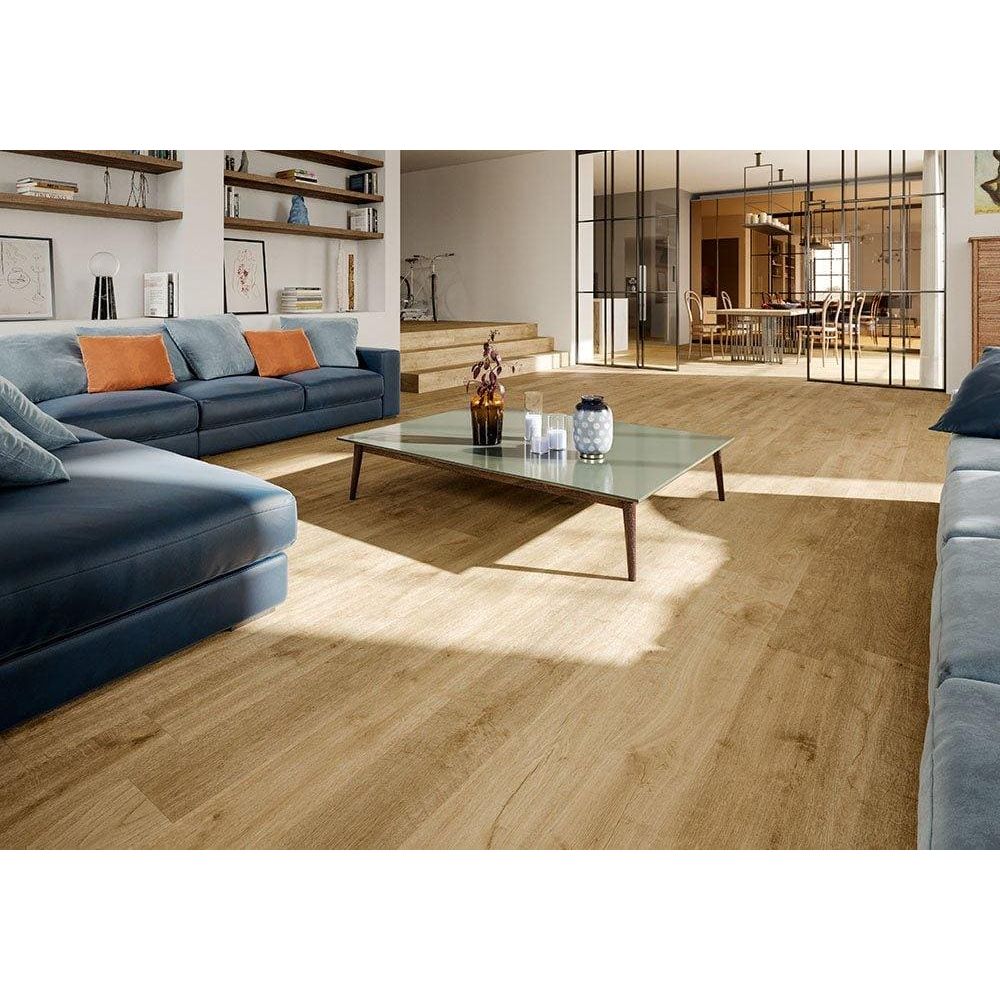 Modern glass top coffee table with dark wooden legs and minimalist design in heartwood malt matt finish 20 x 120cm