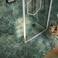 Hexagonal green tropical leaf patterned porcelain bathroom tiles from jungle hexagon by clarissa hulse