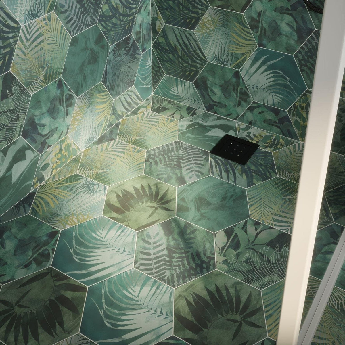 Hexagonal green and teal tropical leaf patterned porcelain bathroom floor tiles jungle hexagon by clarissa hulse