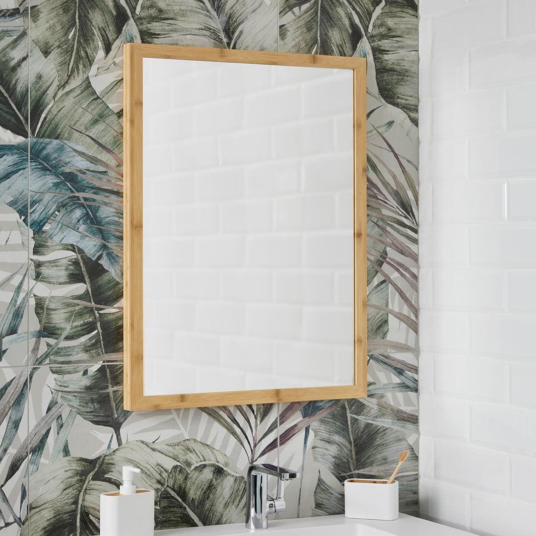 Rectangular bathroom mirror kenji 60x80cm with light bamboo frame for modern bathroom decor