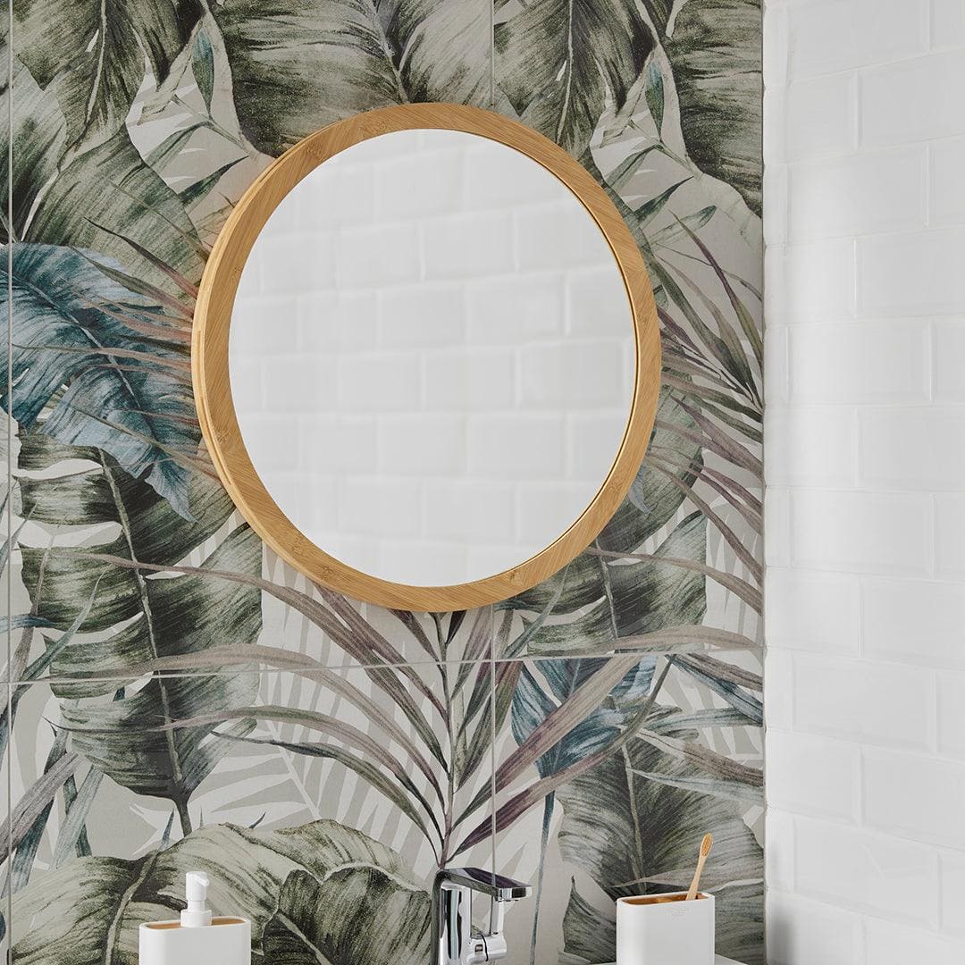 Round wooden-framed kenji mirror 60cm in natural bamboo perfect for stylish home decor and wall display