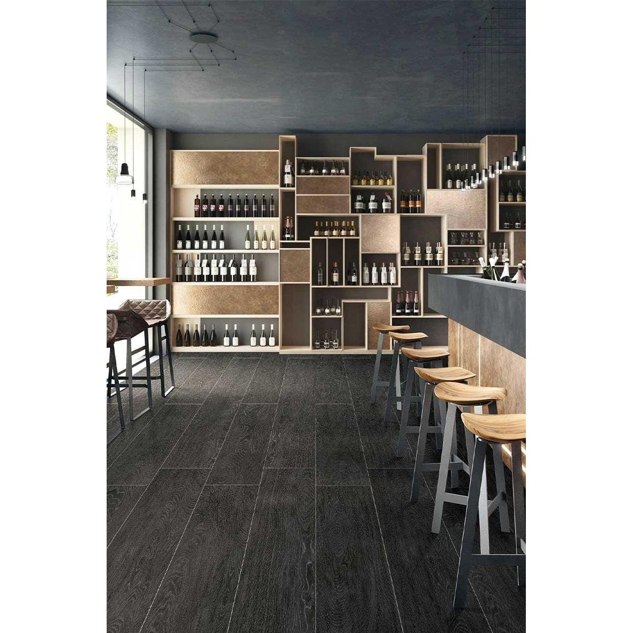 Dark gray wood-look floor tiles kingfisher pewter with realistic grain pattern for durable indoor flooring