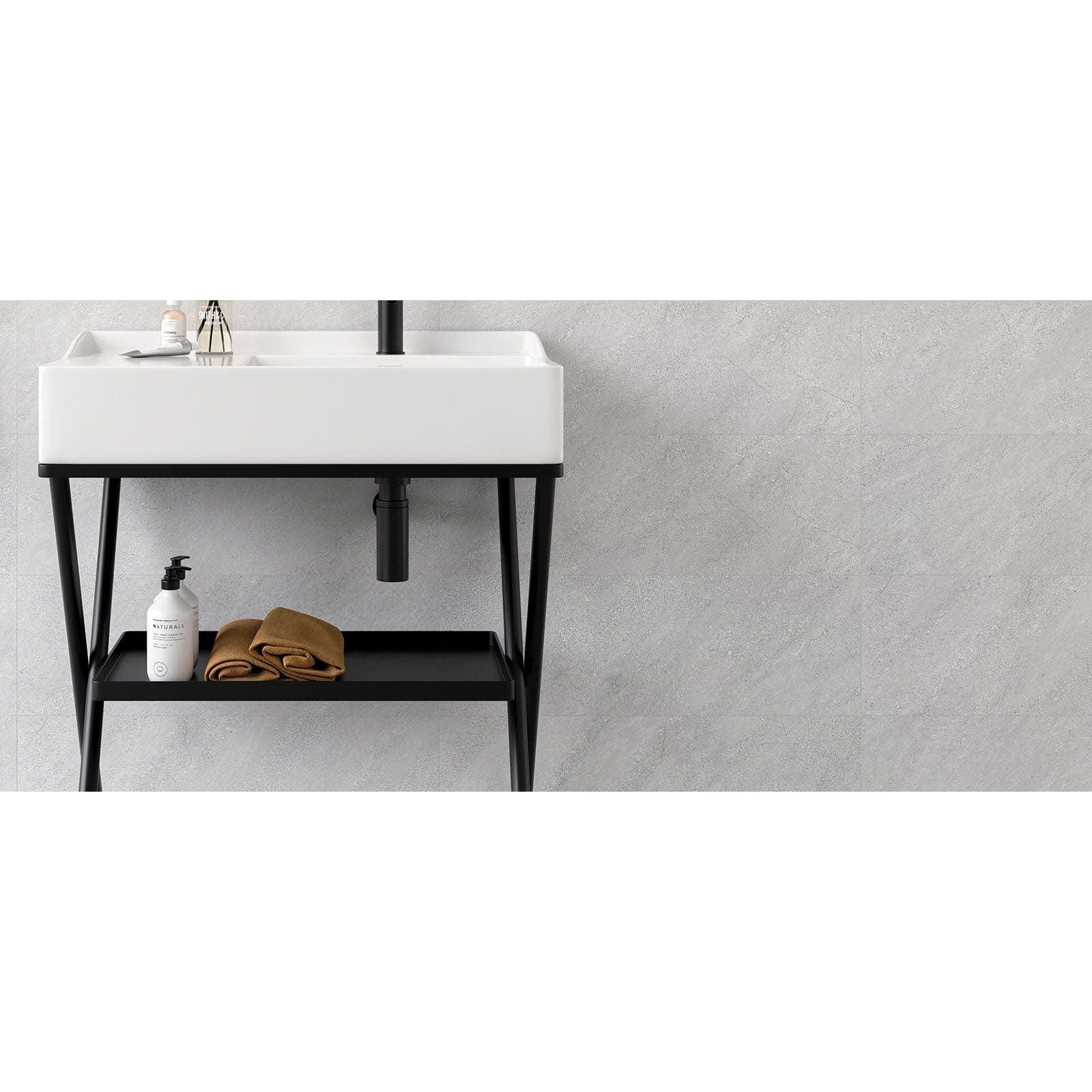 White rectangular ceramic sink klifface pearl matt 25 x 75cm with black metal legs and matching black faucet