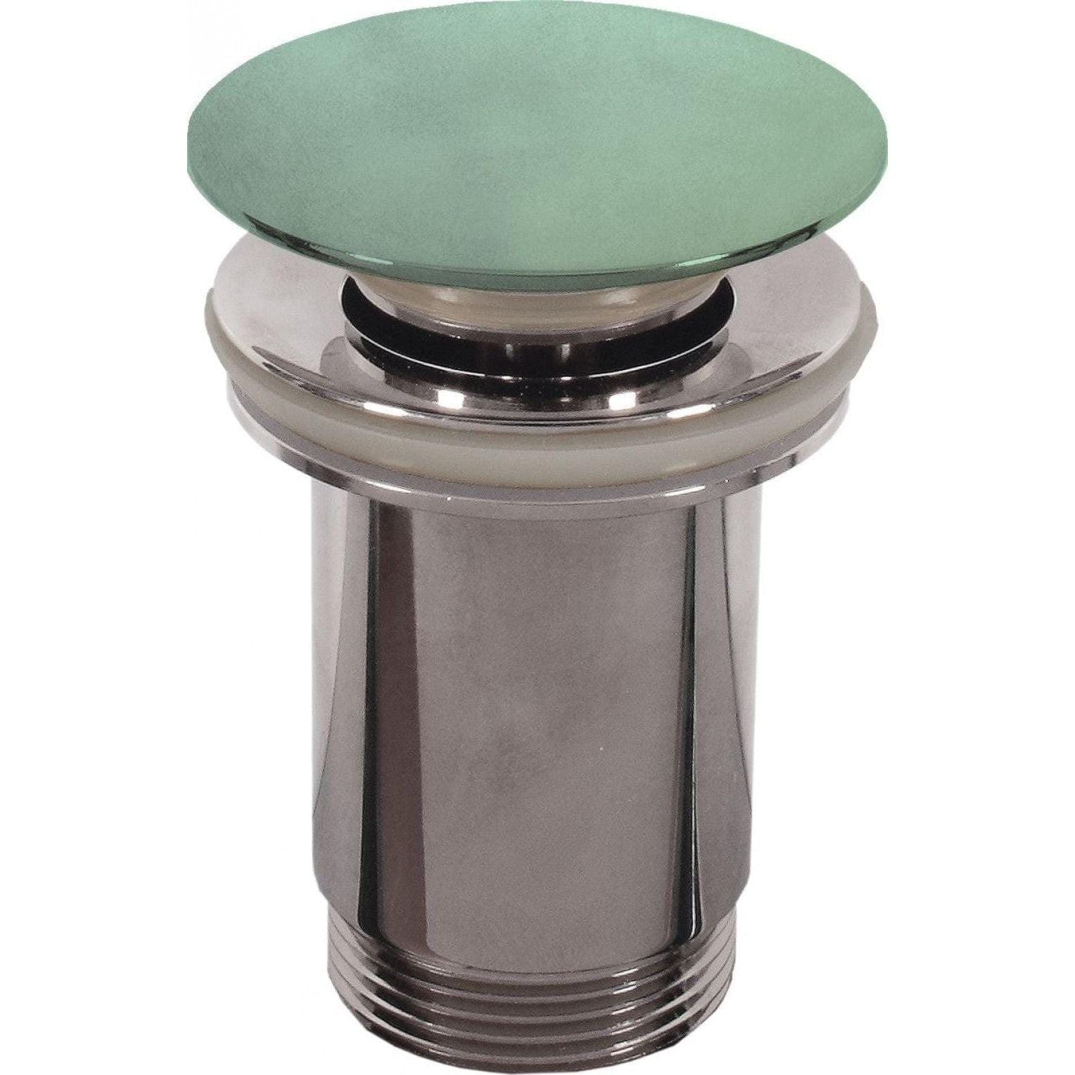 Chrome-finished sink drain with translucent green glass top for Lavabo Berlin Aquamar bathroom sink