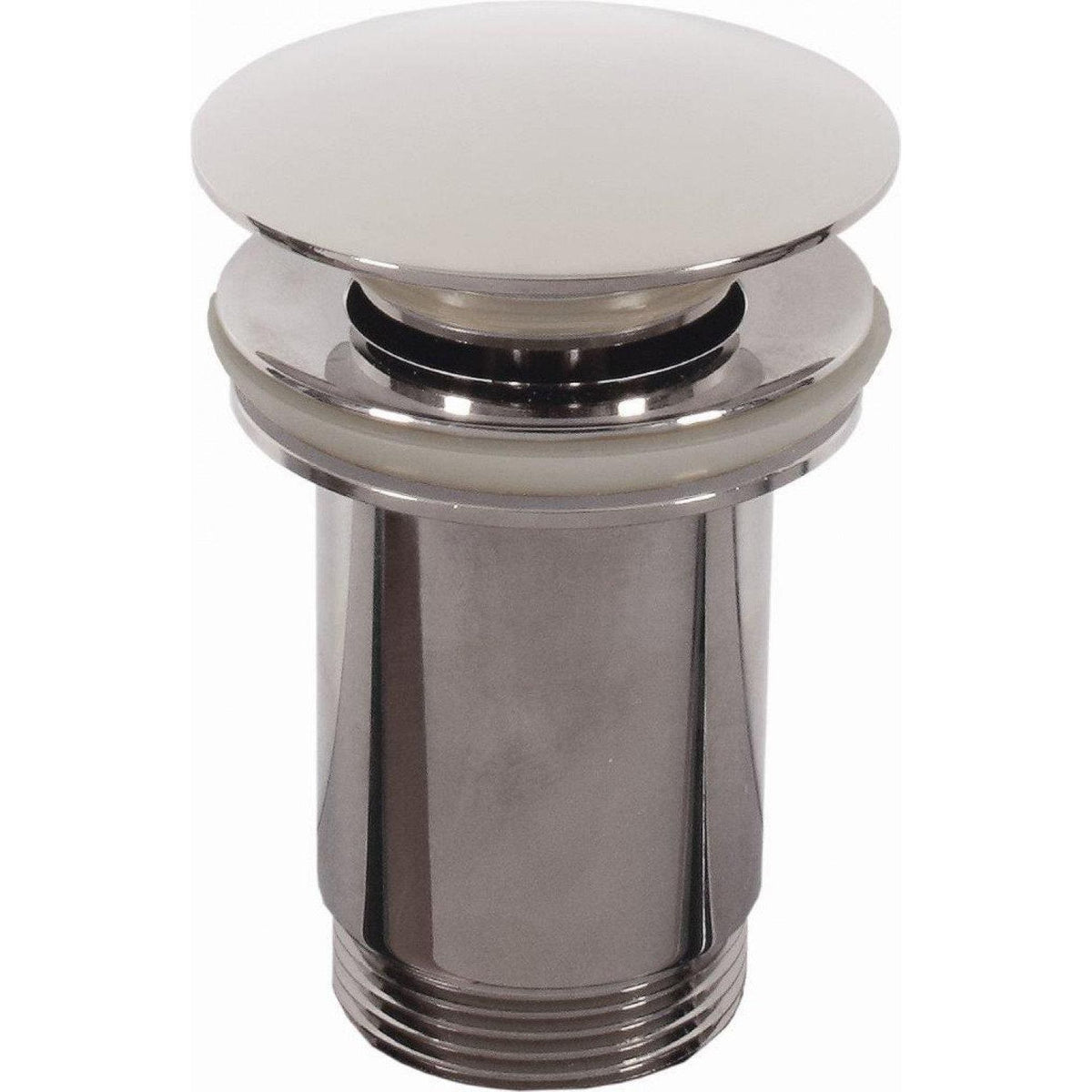 Shiny chrome-finished lavabo diurne sand sink drain with sleek circular push-button top and threaded base