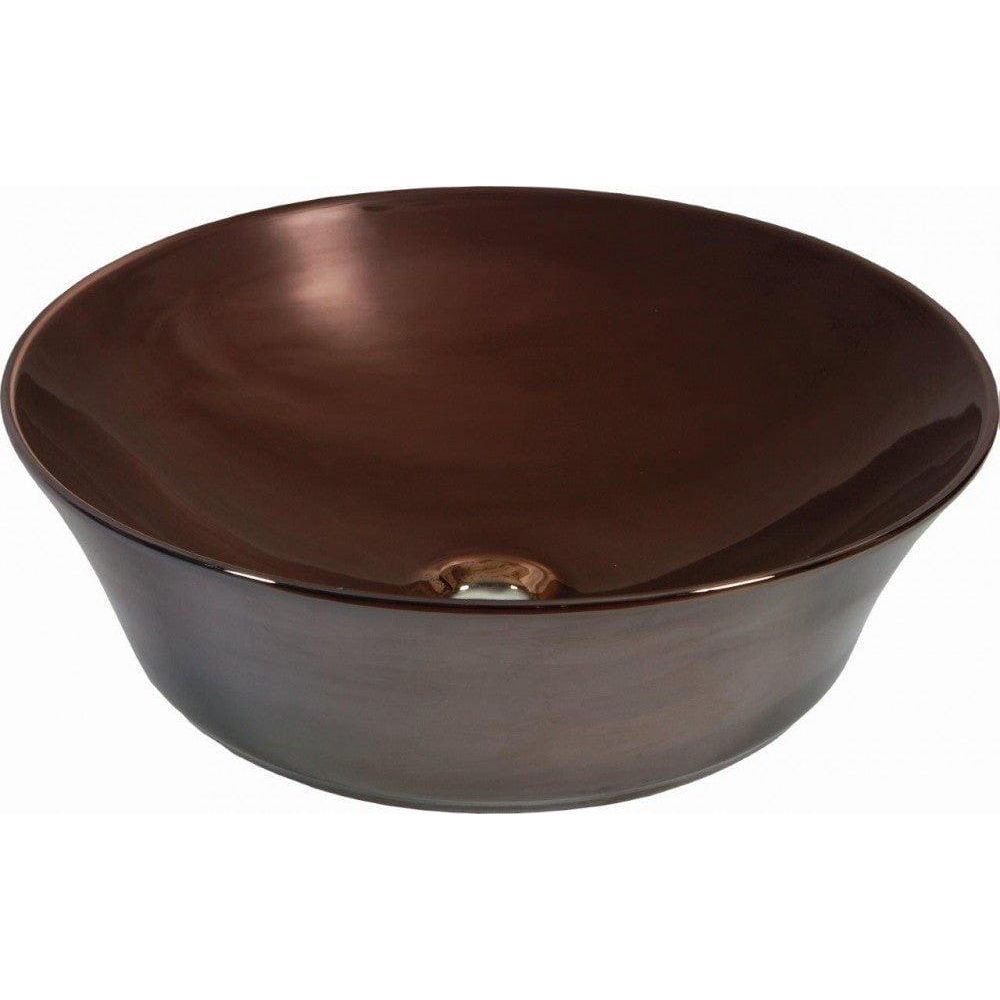 A sleek glossy brown ceramic vessel sink lavabo eleganza cobre with a smooth rounded bowl shape and central drain