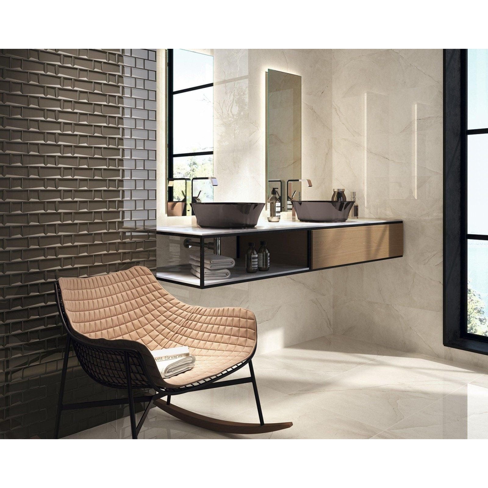 Beige quilted leather rocking chair with black metal frame from lavabo eleganza cobre collection