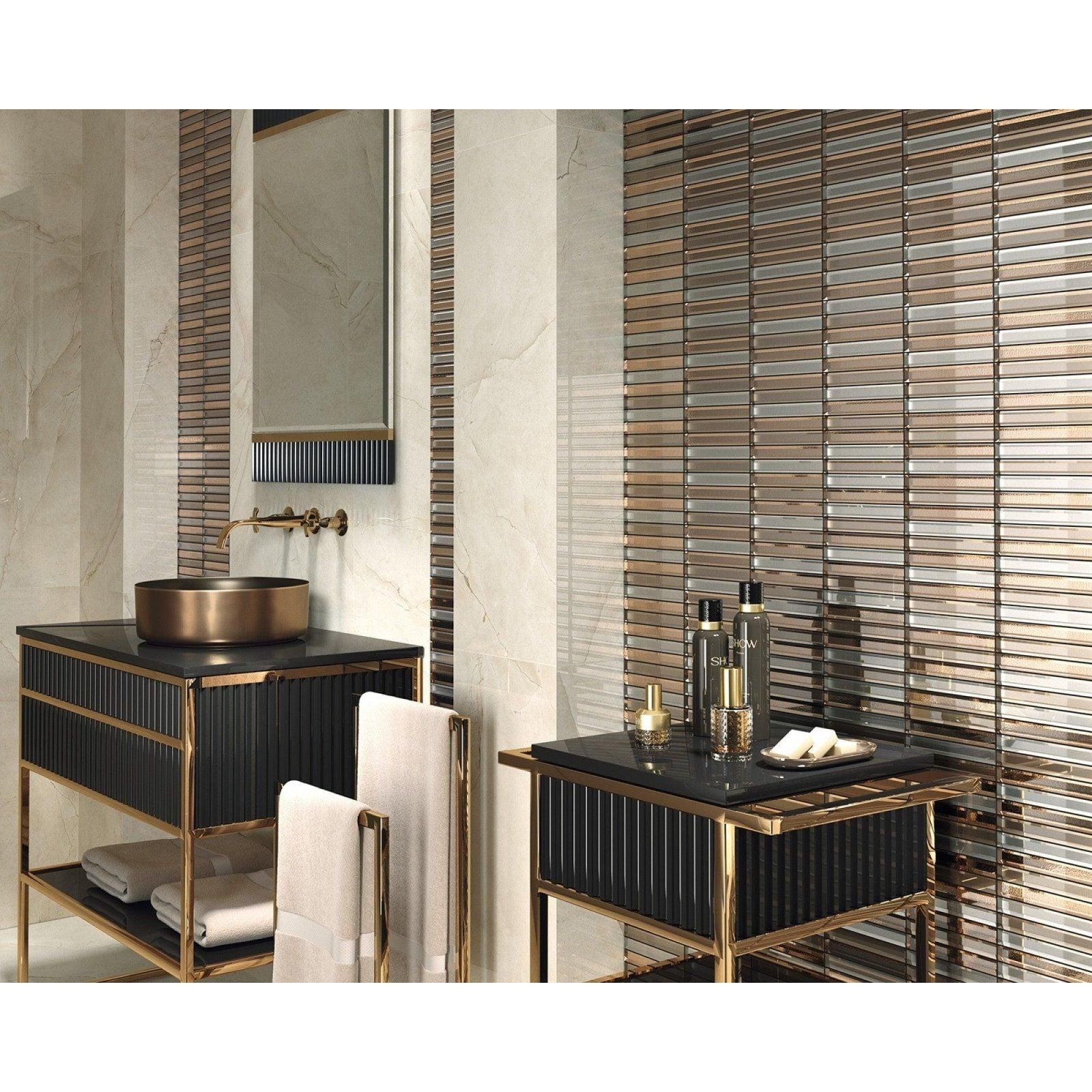Modern bathroom vanity lavabo extreme duo with black and gold metallic accents and sleek rectangular basin on top