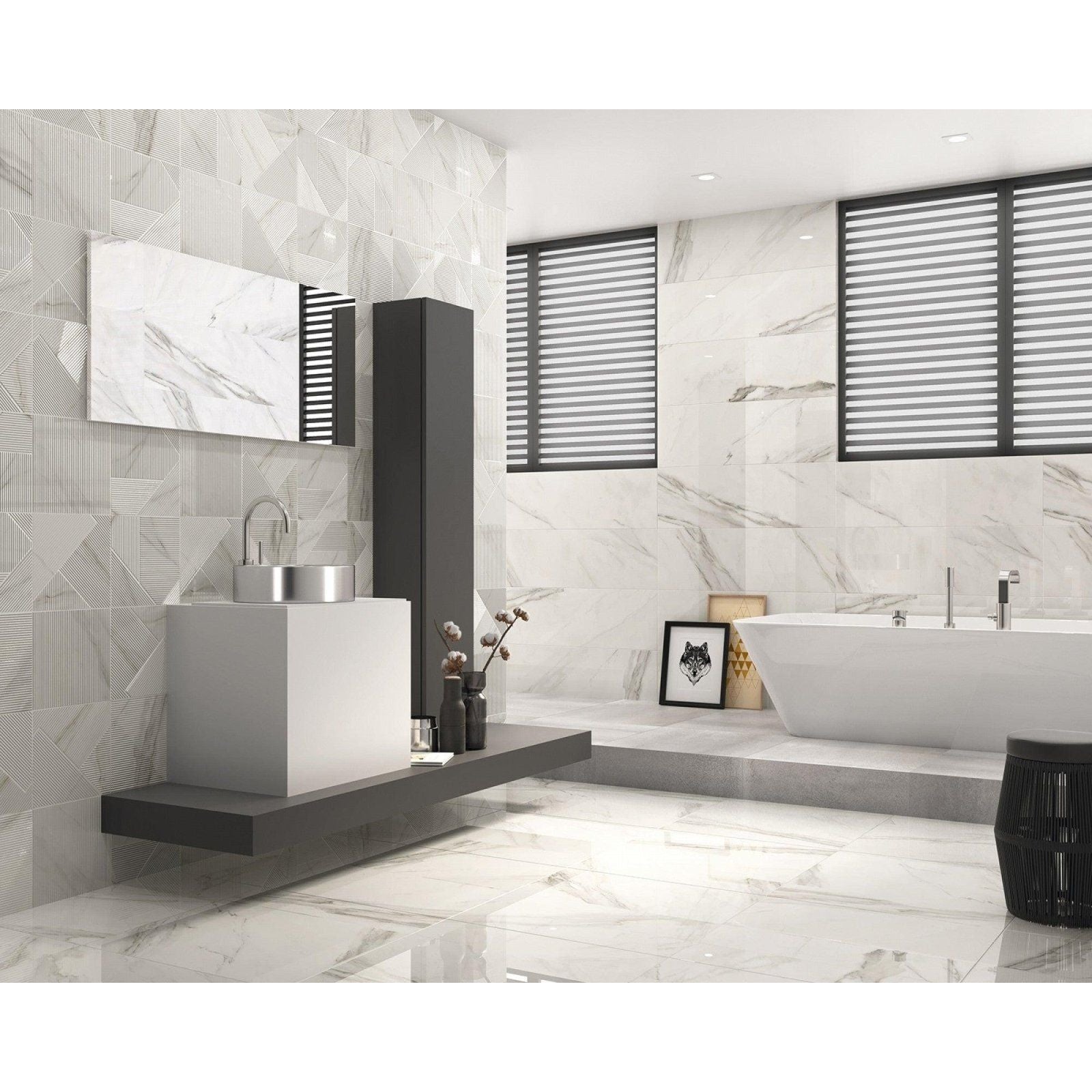 Modern white marble-effect bathroom tiles lavabo extreme mercury with subtle gray veining and geometric patterns