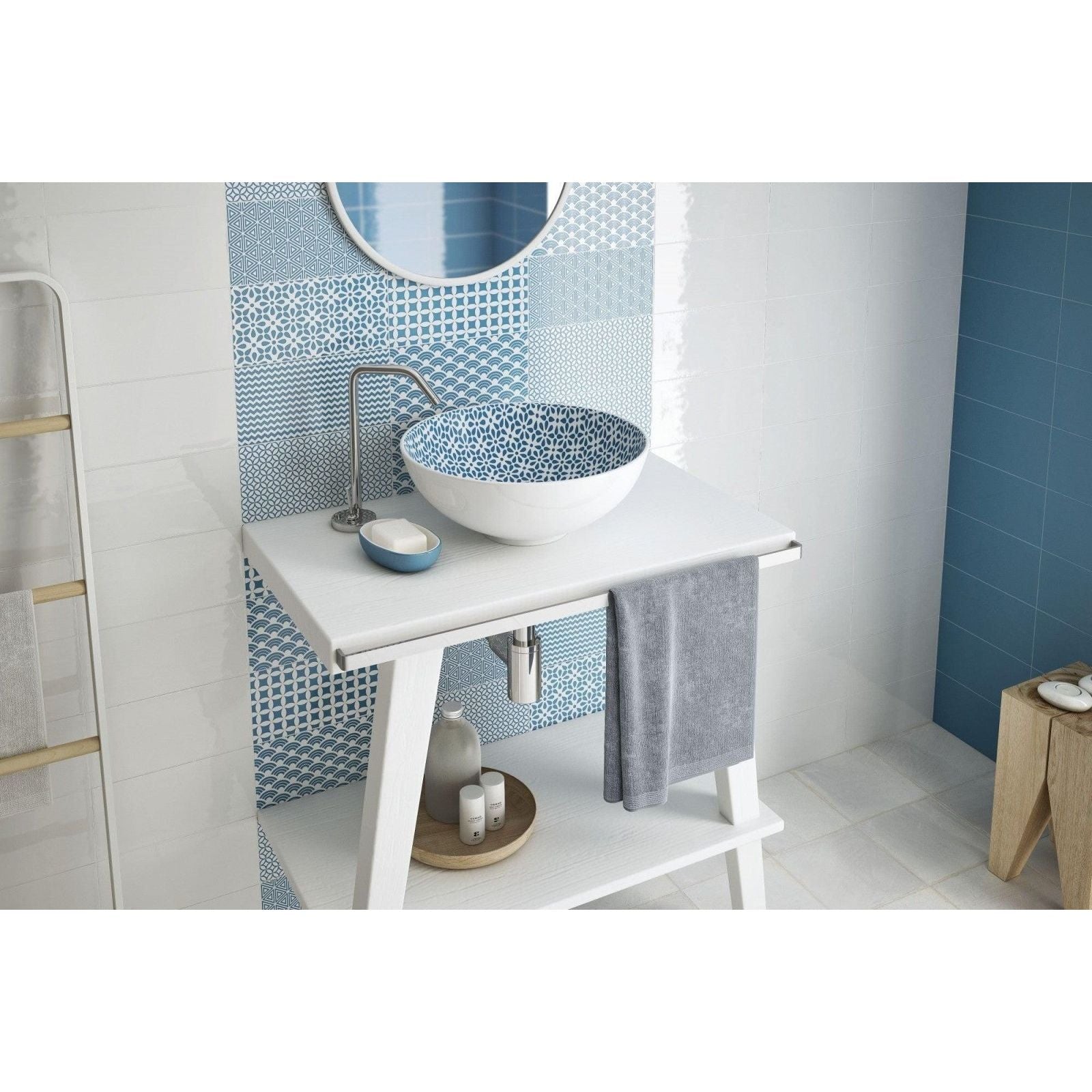 White ceramic bowl sink lavabo ibiza with blue geometric patterned interior for bathroom use