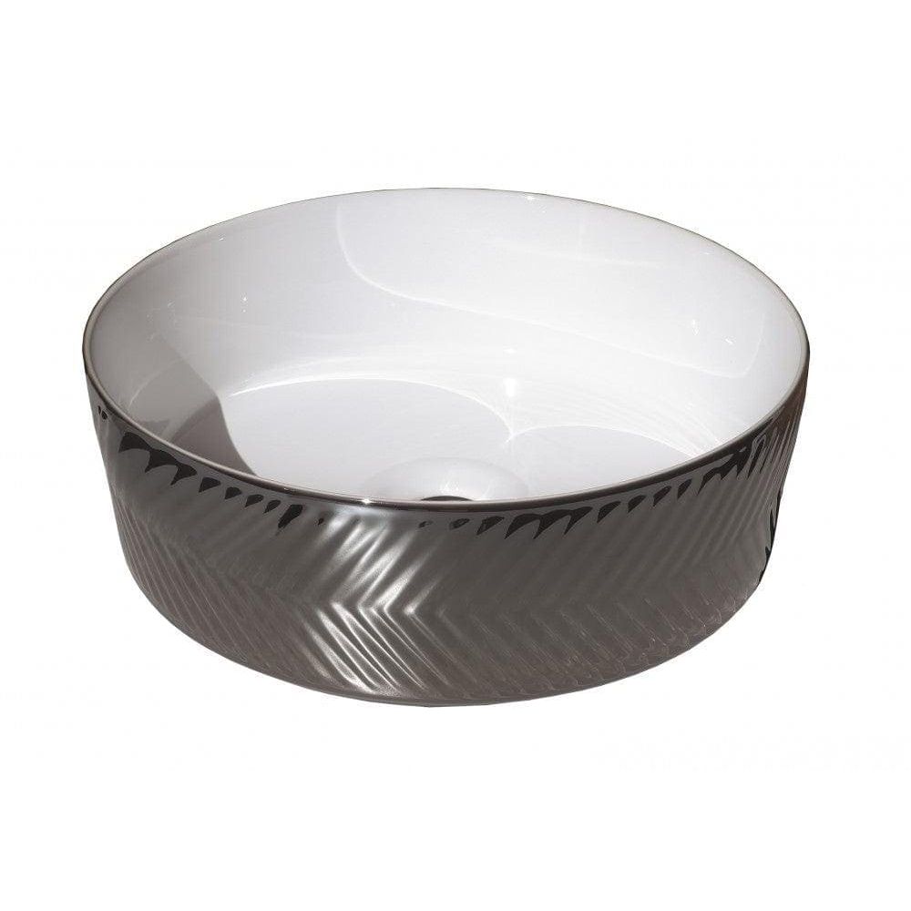 Lavabo Spiga Chrome sleek modern ceramic bathroom sink with glossy white interior and dark gray metallic chevron exterior