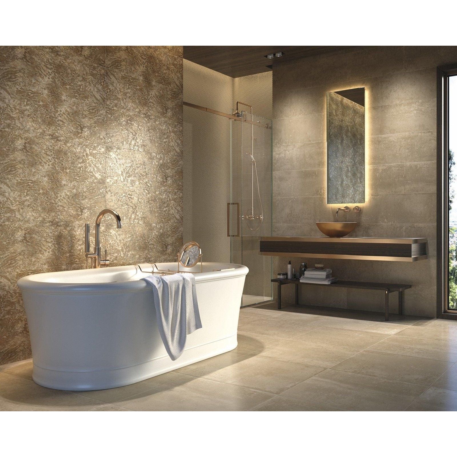 White freestanding bathtub lavabos with curved design and polished chrome faucet in white and copper finish