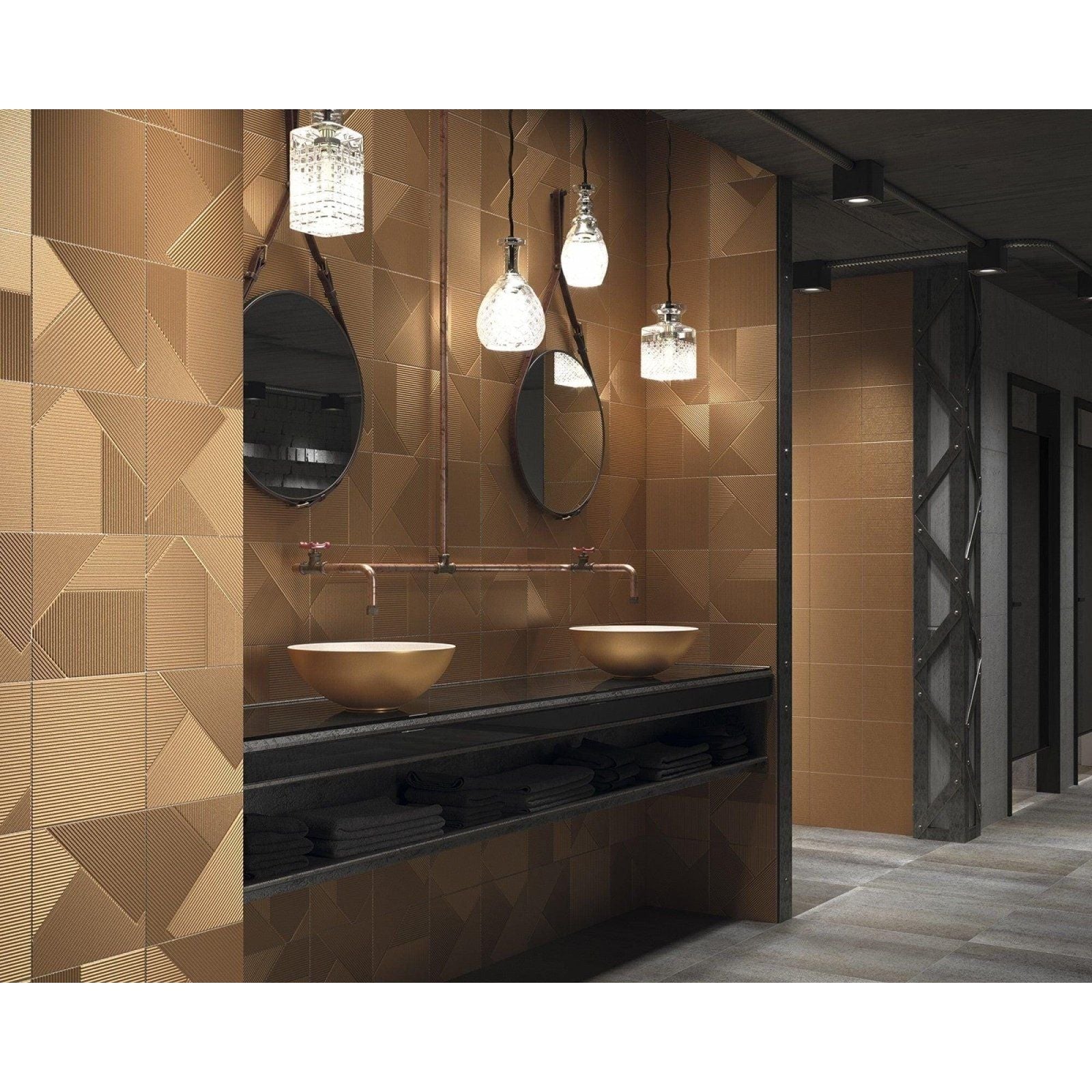 Gold-toned geometric metallic wall tiles from lavabo white and copper with a stylish patterned finish