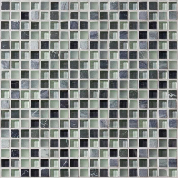 A mosaic tile panel of lial earth and fire mixed mosaics featuring gray black and translucent green marble-like tiles