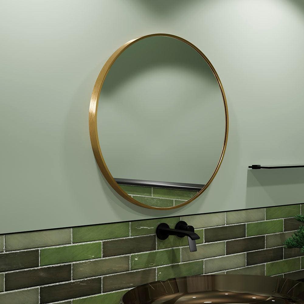 Lomax round mirror 70cm with a sleek gold toned metal frame perfect for stylish wall decor
