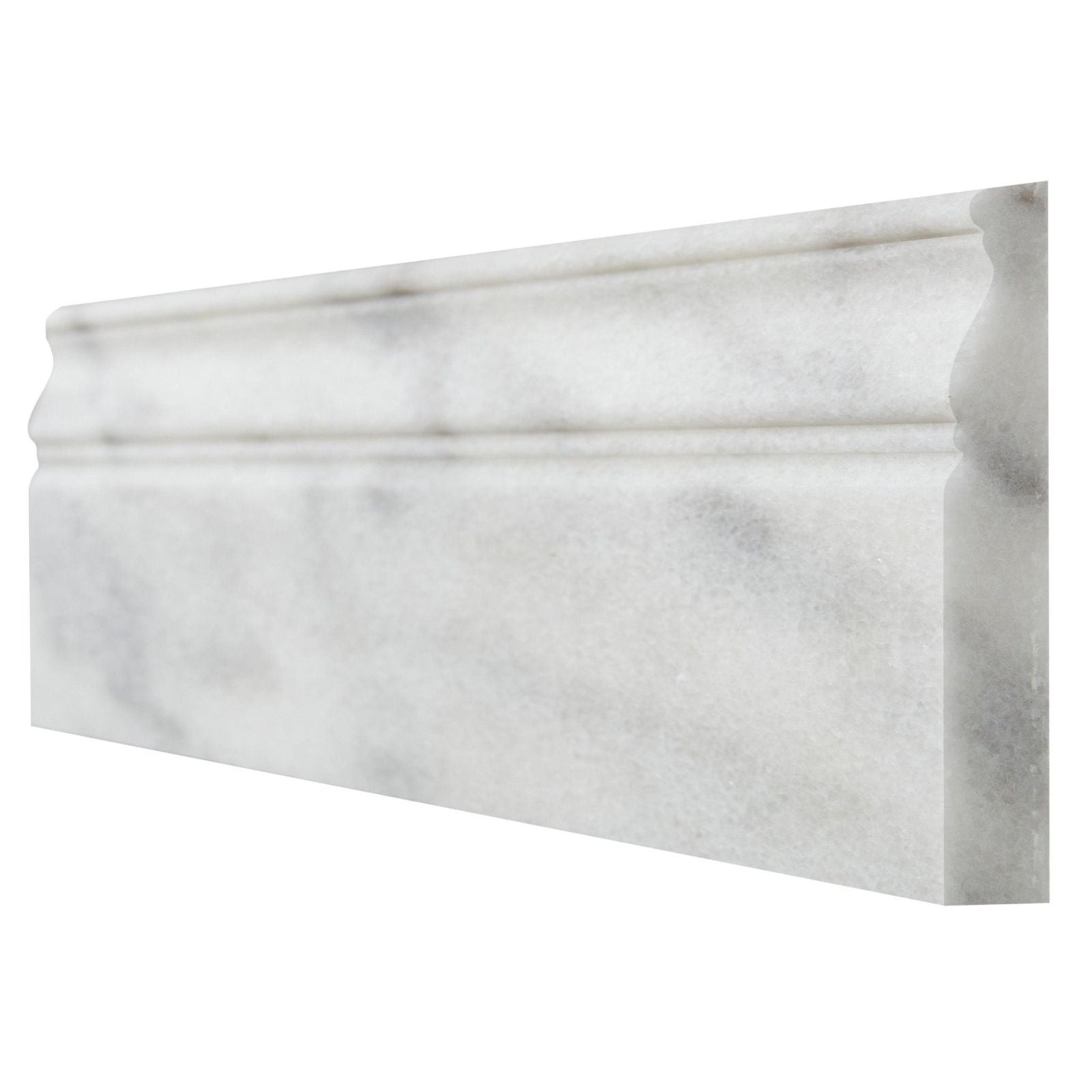 White marble baseboard with elegant classic molding design long island marble skirting honed finish