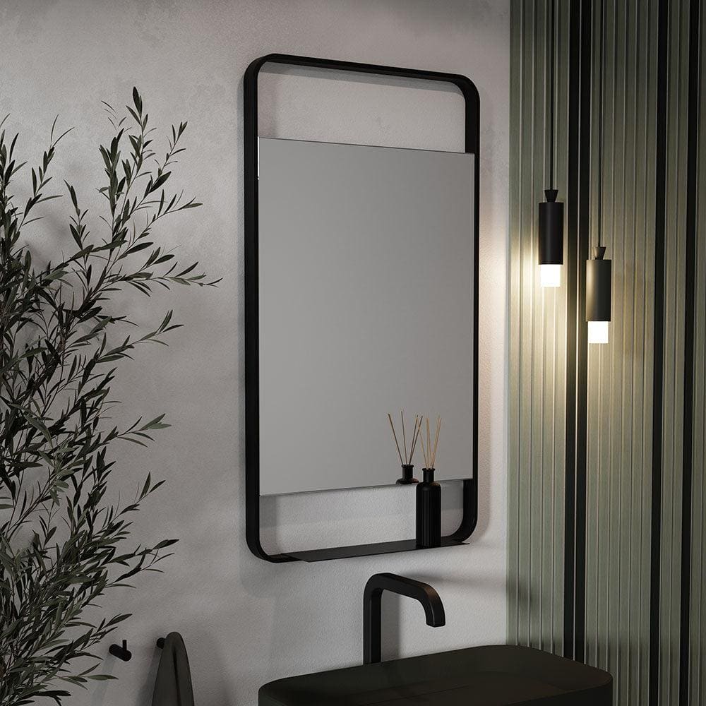 Black framed rectangular ludgate mirror with integrated shelf below glass surface 55x100cm for wall mounting