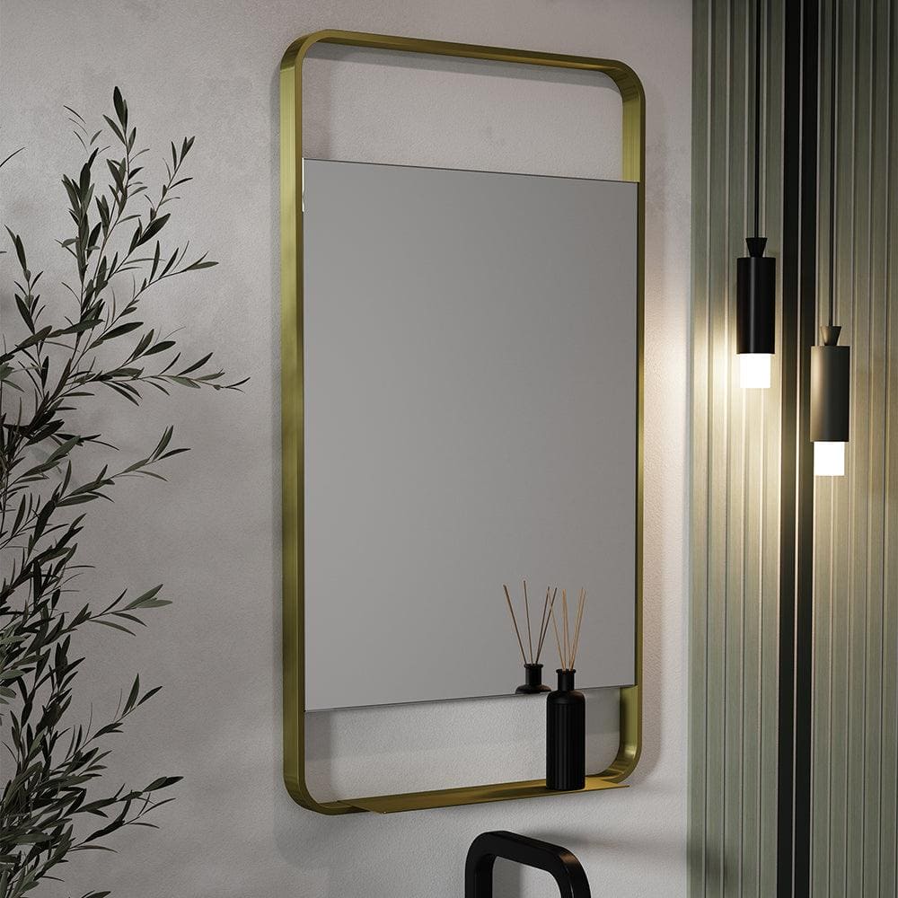 Ludgate mirror with shelf 55x100cm featuring a modern rectangular gold-toned metal frame and minimalist integrated shelf