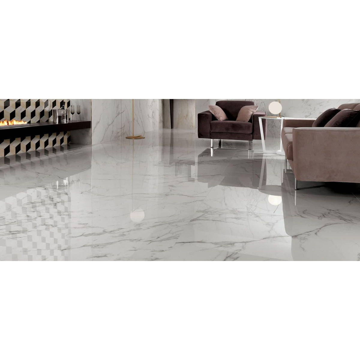 Polished white marble floor tile marvel calacatta extra lappato 60 x 60cm with subtle gray veining