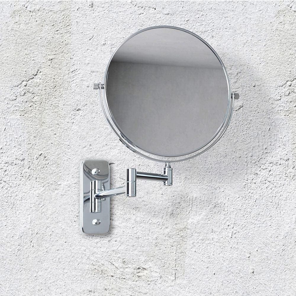 Mason reversible 7X magnifying wall mirror in chrome with a circular chrome finish and sleek articulated arm