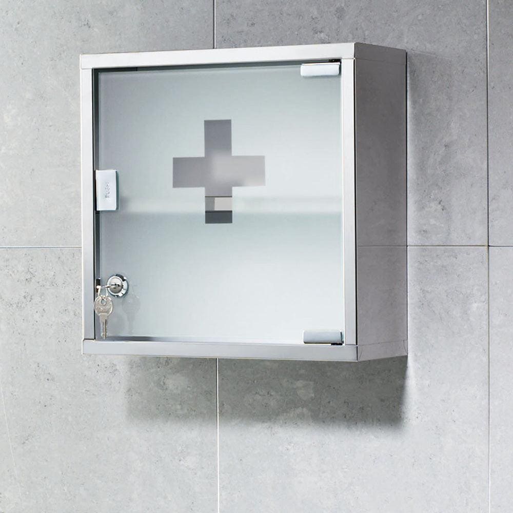 Silver-framed medicine cabinet plus square with frosted glass door featuring a cross symbol and key lock