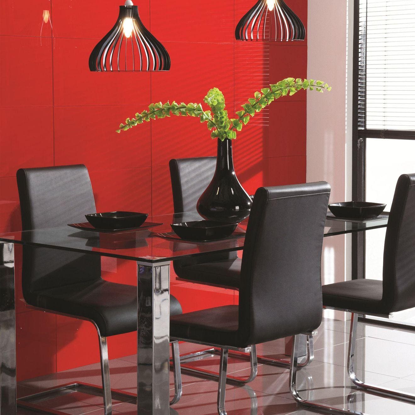Mekong Clear Glass 600 x 300mm red glass tile with a black ceramic vase