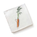 White square ceramic napkin by menagerie featuring an orange carrot illustration with green leaves tied with twine