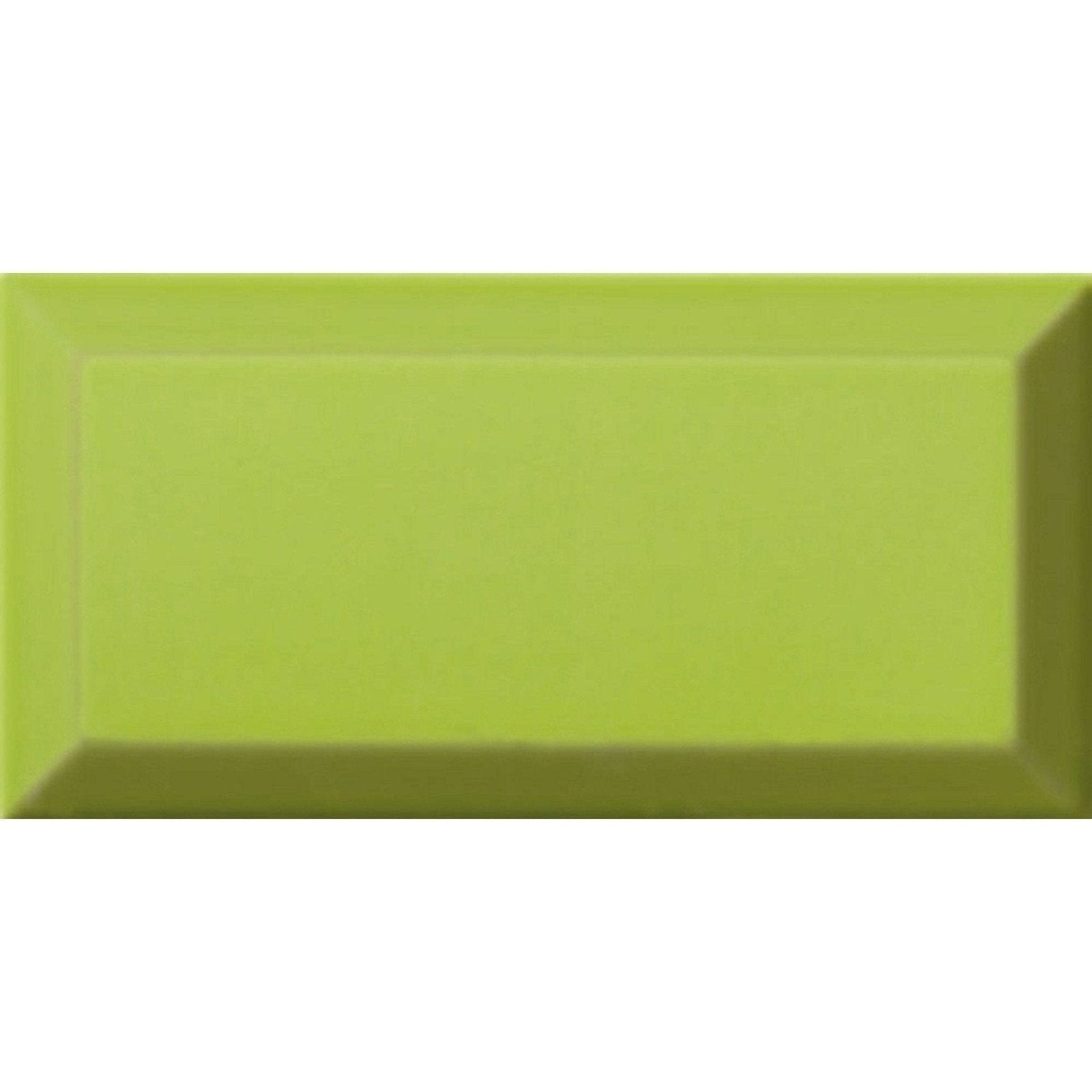 A rectangular glossy lime green ceramic tile metro menta gloss with a subtle raised border