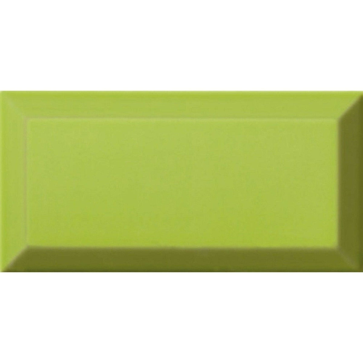 A rectangular glossy lime green ceramic tile metro menta gloss with a subtle raised border