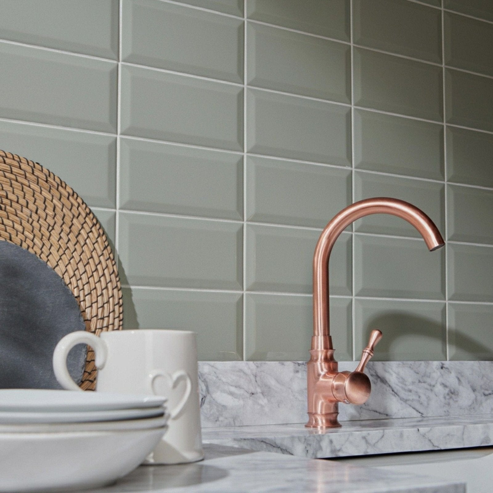 Copper-finished kitchen faucet metro sage gloss with curved spout and rounded handle for modern kitchen use