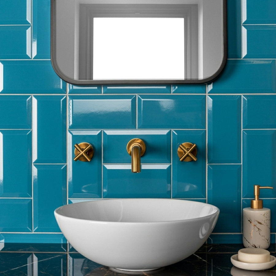 White ceramic bowl sink with metro teal gloss finish designed for modern bathroom use
