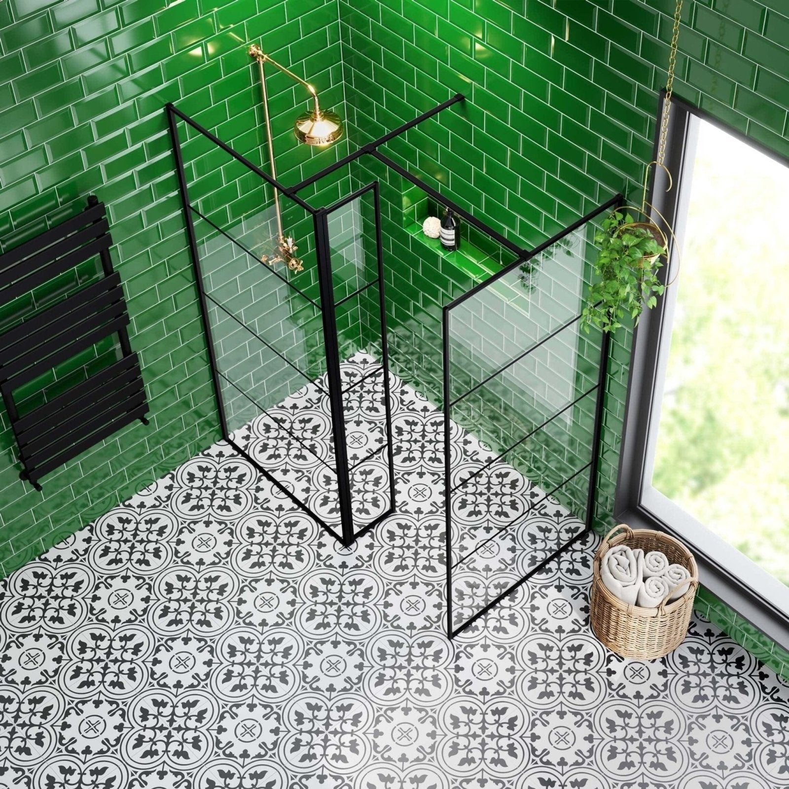 Black-framed glass shower screen with modern minimalist design set against vibrant green metro verde botella gloss tiles