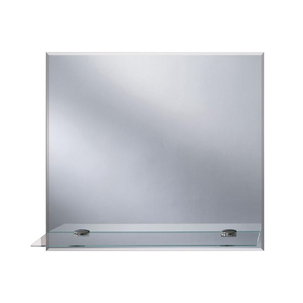 Modern rectangular bathroom mirror ledge straight 50 with a sleek chrome frame and integrated glass shelf below