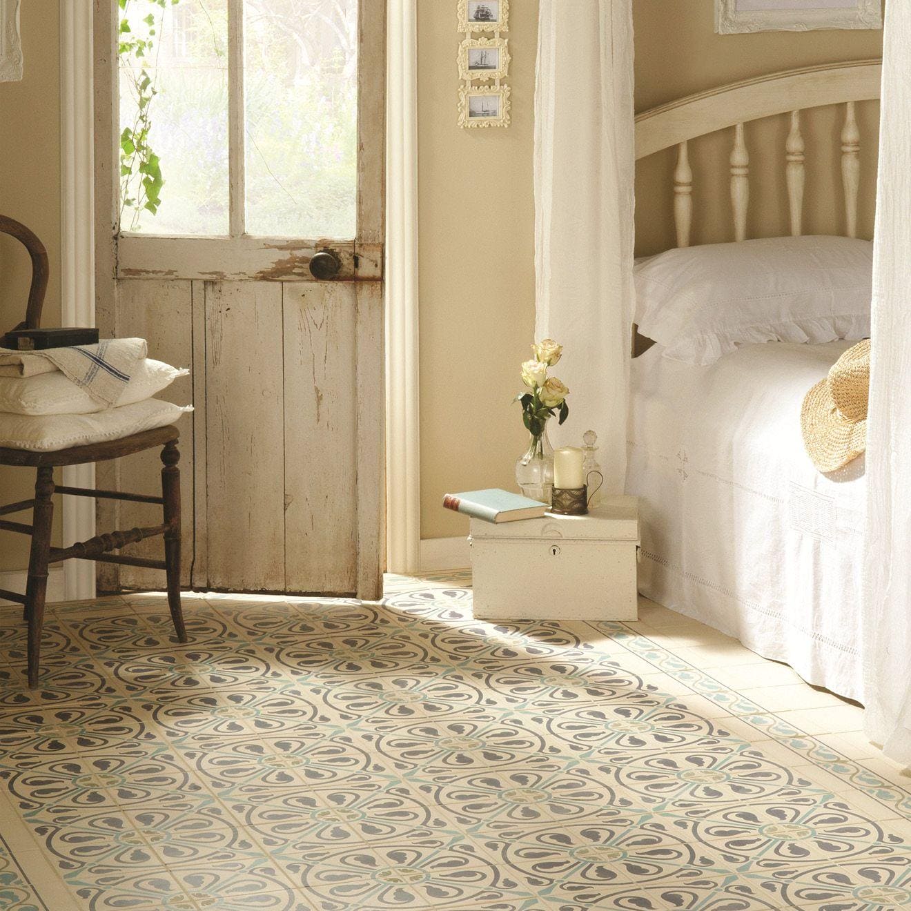 Beige and gray patterned tile floor with subtle floral design in moroccan border dublin dark blue and dark jade on white