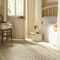 Moroccan Border Dublin, Dark Blue and Dark Jade on White shown as flooring