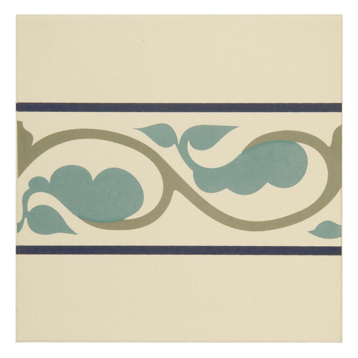 Cream-colored ceramic Moroccan border tile with teal and olive-green floral vines framed by dark blue lines on white