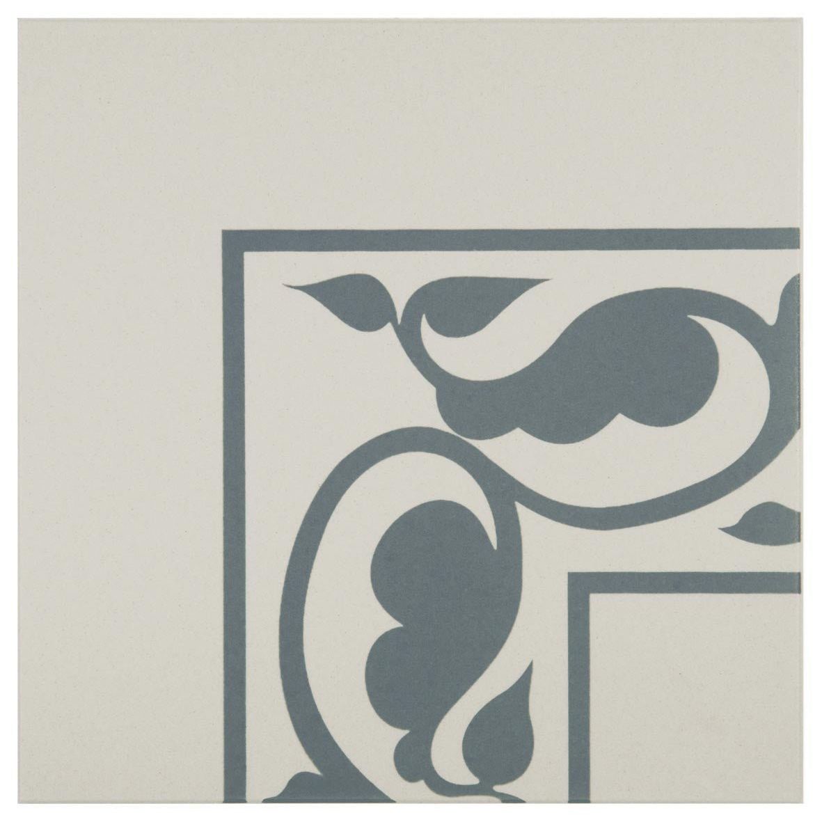 Gray ornamental tile with cream background and intricate leaf patterns in moroccan external corner denim on dover white