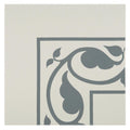 Moroccan internal corner denim tile in gray with cream background and intricate leafy scrollwork on dover white