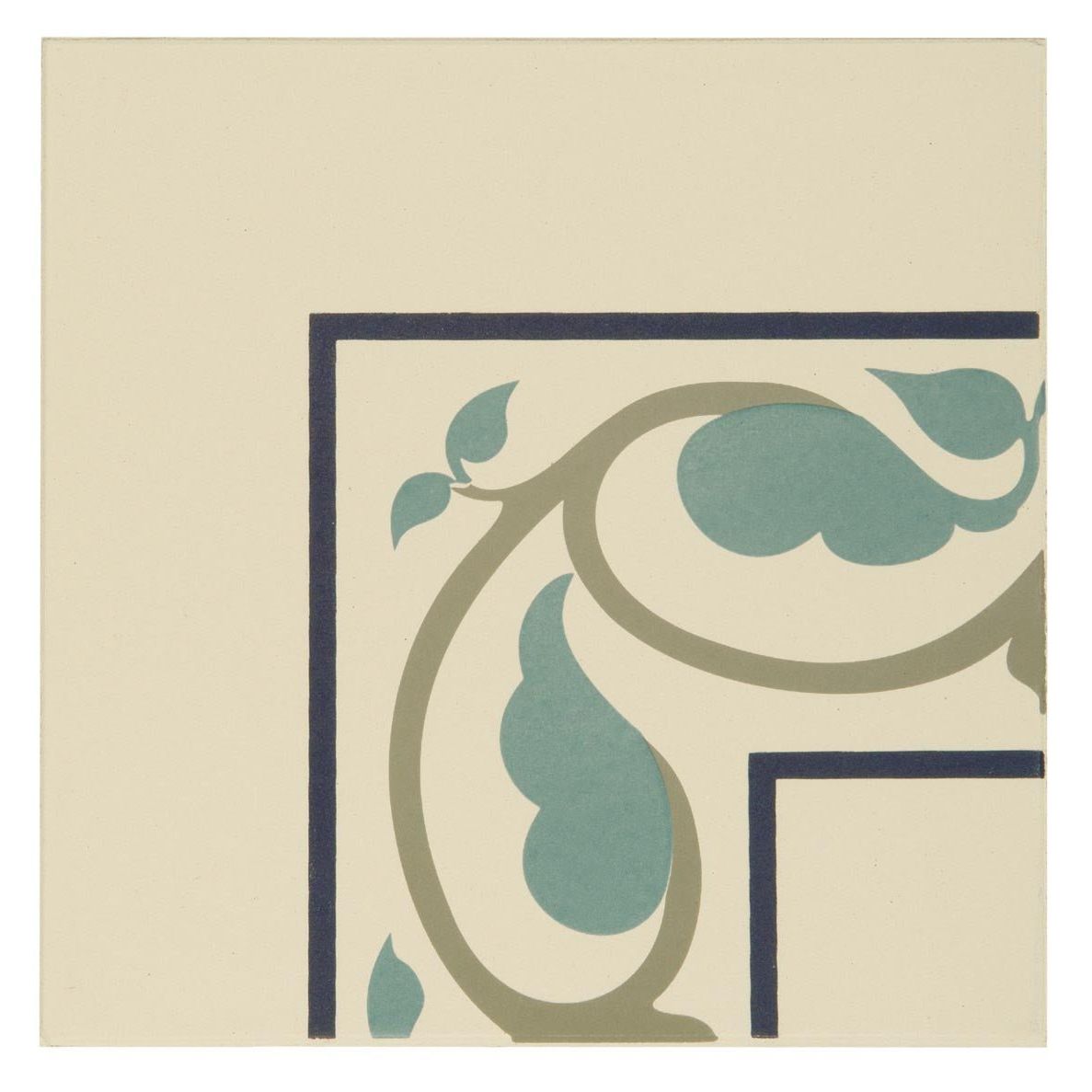 Beige moroccan internal corner tile with navy blue border and stylized leaf motif in dark blue and dark jade on white